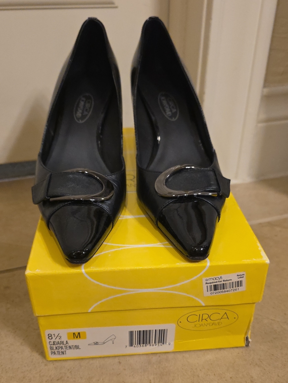 Circa Joan & David Black Patent Pointed Toe Pump with Metal Accent